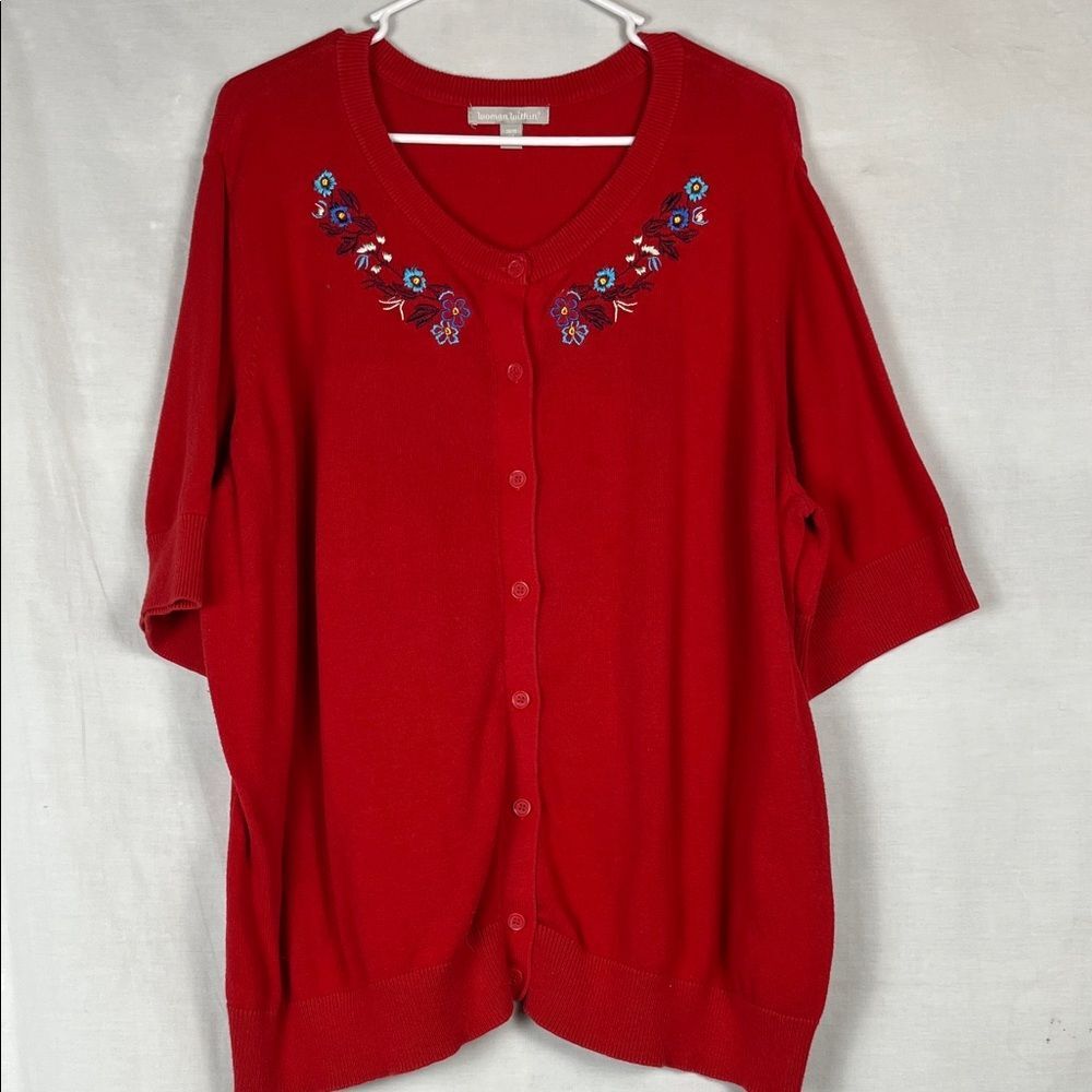 Red Woman Within Short Sleeve Grandma Sweater with Floral Embroidery